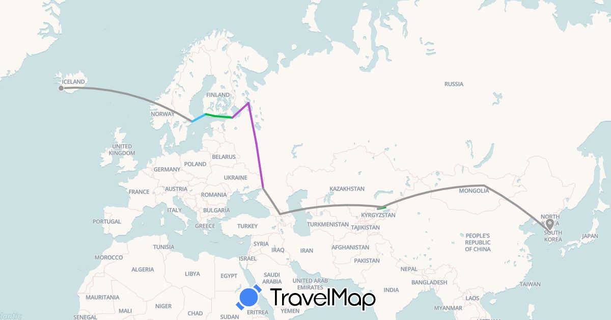 TravelMap itinerary: bus, plane, train, boat in Finland, Georgia, Iceland, Kyrgyzstan, South Korea, Kazakhstan, Mongolia, Russia, Sweden (Asia, Europe)